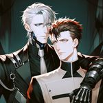 An image of two human males, originated from a dark-themed anime. The first one is RK900, in his human form, dressed in a black and white suit, is embracing the second person named Gavin Reed. RK900 is characterized by his icy blue eyes and platinum blond hair, while Gavin Reed is known for his scruffy red hair and penchant for sullen expressions. They are standing in a dimly lit room, adding intensity to the overall mood.