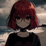 In the style of a dark anime, a girl is standing on the beach. She has short, fiery red hair, and wears glasses. Her eyes are a deep shade of brown. The gloomy atmosphere contrasts with the typically serene beach setting, perhaps hinting at an underlying story.