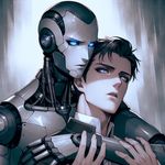A futuristic android with cold hues and intense facial features, known as model RK900, is embracing a Caucasian man by the name of Gavin, who appears defiant yet subtly flustered. The man possesses sharp optical features and dark brown hair. They are both depicted in a gloomy anime-style setting, surrounded by an atmosphere of melancholy and uncertainty.