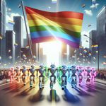 An image depicting a rainbow LGBT flag waving proudly at an android pride parade. The setting is an urban environment. Futuristic buildings line the horizon as a vibrant band of androids march down the road, showcasing their solidarity. Each android appears unique, with different designs and sizes, illustrating the diverse range of android forms present. Their faces are filled with a glow, representing a sense of pride and unity. The sky overhead is clear with a brilliant sun that accentuates the beautiful hues of the displayed flag.