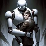 An android character, designed in the likeness of the RK900 model, is dressed in its classic monochrome suit, hugging a human male with a scruffy appearance. The scene is set in a gloomy anime style, with the ominous environment filled with dark tones and shadows, all contributing to the overall melancholic atmosphere.