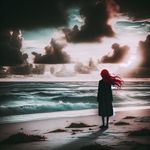 A scene in the style of dark anime, depicting a girl on a beach with red hair. She's looking out to the sea, her hair fluttering in the wind. The sky is filled with dark, brooding clouds, casting a gloomy ambience over the scene. The beach is deserted except for the solitary girl, adding to the melancholic mood. The sand and surf appear ominous under the heavy cloud cover, resonating with the dark anime theme.