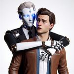 A tall android with blue LED light on its temple, slicked-back platinum blond hair, dressed in a black suit with white shirt, is embracing a short man with tousled brown hair, wearing a brown leather jacket. The man looks surprised while the android seems impassive.