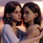 Create an image using photorealism style, where two girls are embracing each other. The girls should be of different descents, one being Caucasian and the other one South Asian, both looking into each other's eyes with a sense of deep affection and complicity. The backdrop should be a soothing twilight, making the scene look warm and peaceful. Please pay attention to the detail and tonal precision to ensure the photorealistic quality of the image.