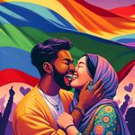 A visual representation of two plus-sized women, one of Hispanic descent and the other of Middle-Eastern descent, passionately sharing a kiss. They are cheerfully expressing their affection towards each other under a large vibrant flag of the LGBT community. The flag cascades behind them, its bright array of colors symbolizing diversity and acceptance. The atmosphere is filled with love and unity, visibly portraying their commitment to each other and the community they proudly represent.