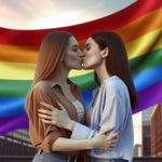 Two women of unidentified descent are sharing a kiss against the backdrop of a vibrant LGBT flag. Both women are depicted in casual modern attire, their expressions one of affection and acceptance. They are set in an out-of-focus urban landscape under a clear, bright sky, radiating love and pride in their identity. The colors of the LGBT flag -- red, orange, yellow, green, blue, and purple -- ripple behind them, symbolizing unity and diversity.