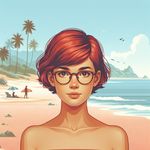 Create an image in the style of photorealism depicting a girl at the beach. She has short red hair, wearing spectacles, and has brown eyes.