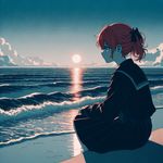 A somber anime-style depiction of a girl with red hair sitting at the beach. She's looking at the horizon with a reflective expression, the waves are gently lapping against the shore and the sun is setting, casting long shadows and causing the water to glimmer in a mesmerizing fashion.