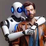 A male humanoid robot with pale skin, blue LED circle on its right temple, and dressed in a striking white police uniform, is embracing a Caucasian male detective with brown hair, a scruffy beard, wearing a brown leather jacket over a checkered shirt. The scene reflects a sense of camaraderie and trust between the two individuals.