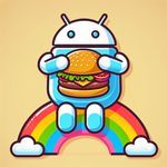An overweight android consuming a burger while sitting on a rainbow.