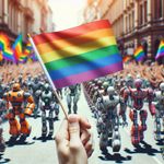 An LGBT flag being waved at a parade of robots. The flag is vibrant, showcasing its rainbow of colors proudly in the midst of the mechanical march. The robots themselves are an array of shapes and designs, from humanoid to abstract forms, celebrating diversity even in their mechanical forms. The street on which they are marching is bustling with activity and the atmosphere is filled with a palpable sense of energy and positivity.