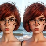 Create an image in the style of photorealism featuring a girl on the beach. She should have short, red hair, glasses, and brown eyes.