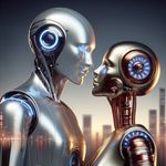 A visual depiction of two female robots engaged in a tender kiss. One robot is sleek, streamlined, and silvery, the embodiment of modern tech aesthetic. She has smooth paneling and intricate LED light patterns. The other is more retro-styled, inspired by the classic robots of the 70s and 80s, with rounded shapes, exposed gears and a warm copper finish. The retro robot gently holds the face of the modern robot in a sign of affection, against the backdrop of a future cityscape at dusk.