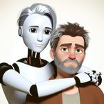 A tall android with austere features and silver hair is embracing a grumpy-looking man with messy brown hair and a scruffy face. Their expressions show a unique dynamic, with the android appearing serene and the man looking somewhat uncomfortable yet accepting.